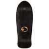 Black skateboard deck with a logo on a white background
