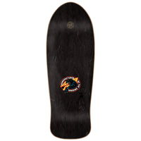 Black skateboard deck with a logo on a white background