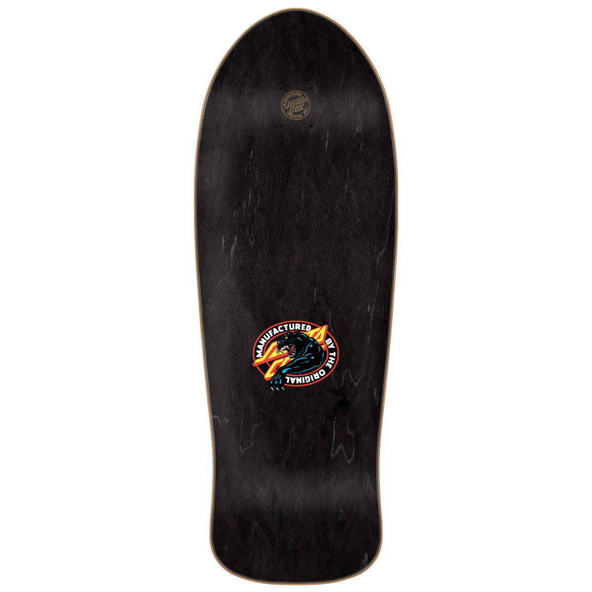Black skateboard deck with a logo on a white background