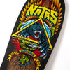 Skateboard deck with colorful design featuring a panther and text on a black background