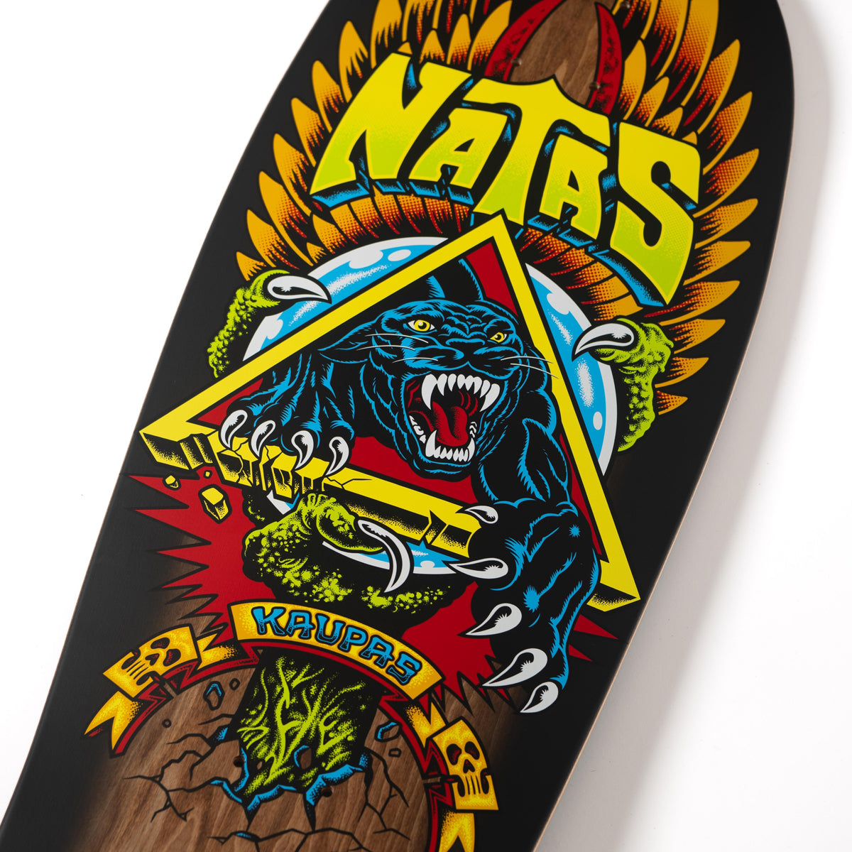 Skateboard deck with colorful design featuring a panther and text on a black background