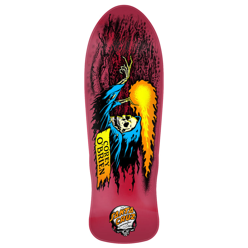Skateboard deck with colorful design and branding on a white background