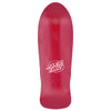 Red skateboard deck with a logo on a white background