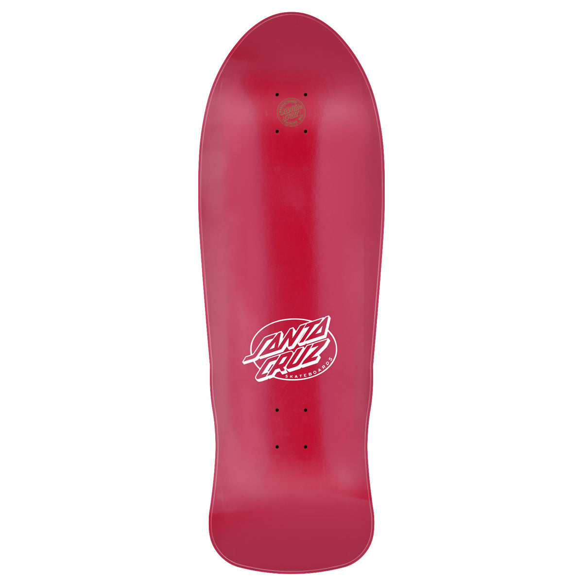 Red skateboard deck with a logo on a white background