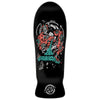 Black skateboard deck with colorful graphic design on a white background