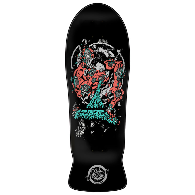 Black skateboard deck with colorful graphic design on a white background