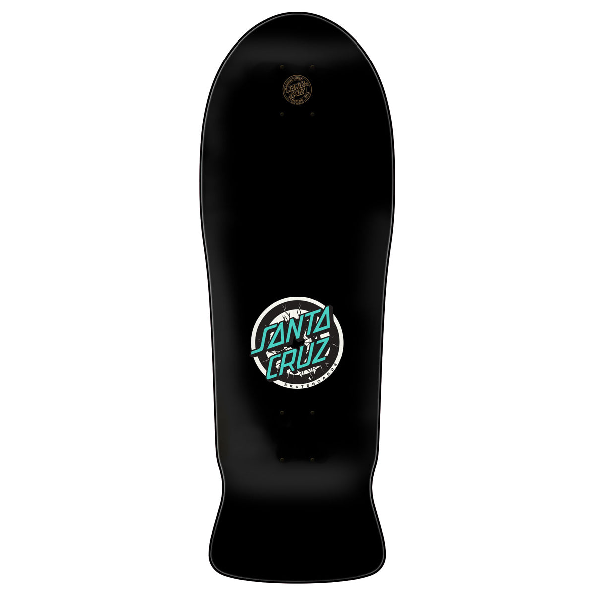 Black skateboard deck with Santa Cruz logo on a white background