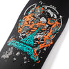 Skateboard deck with a colorful skeleton design on a black background