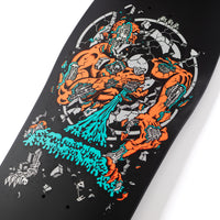 Skateboard deck with a colorful skeleton design on a black background