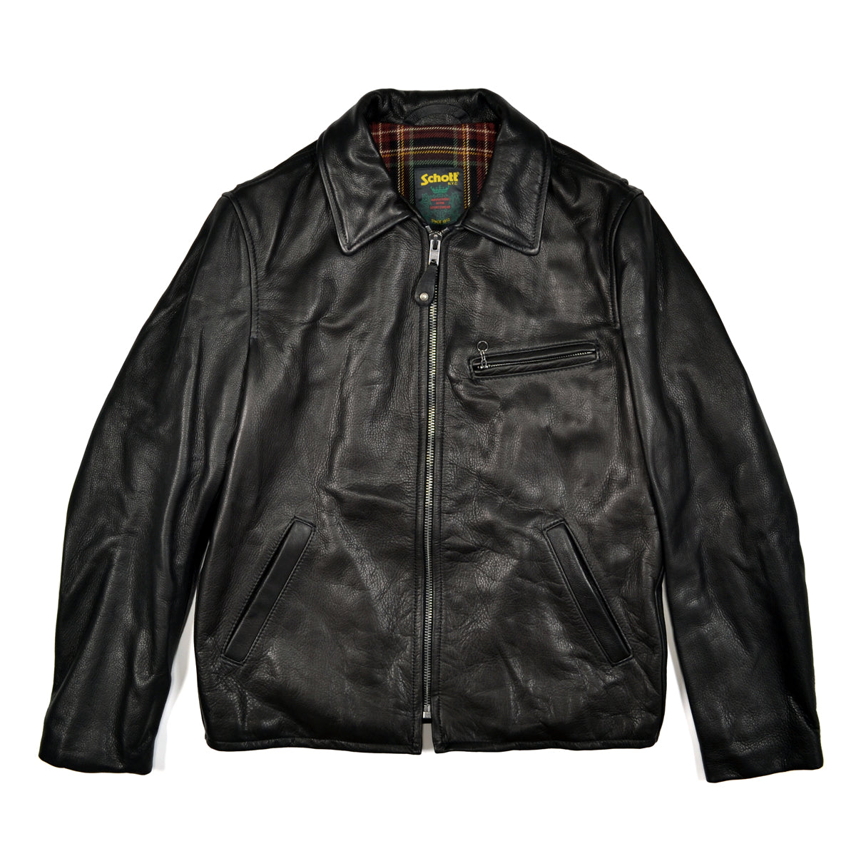 Black leather jacket with plaid lining on a white background
