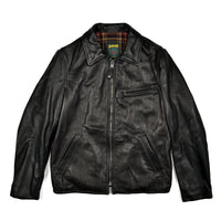 Black leather jacket with plaid lining on a white background
