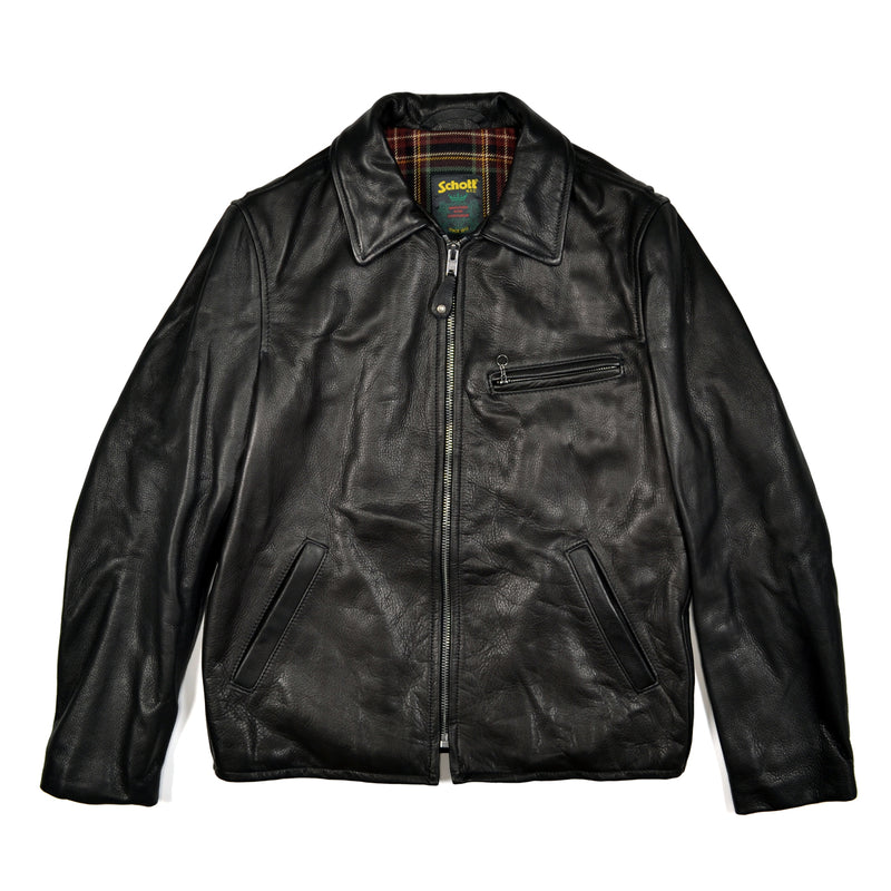 Black leather jacket with plaid lining on a white background