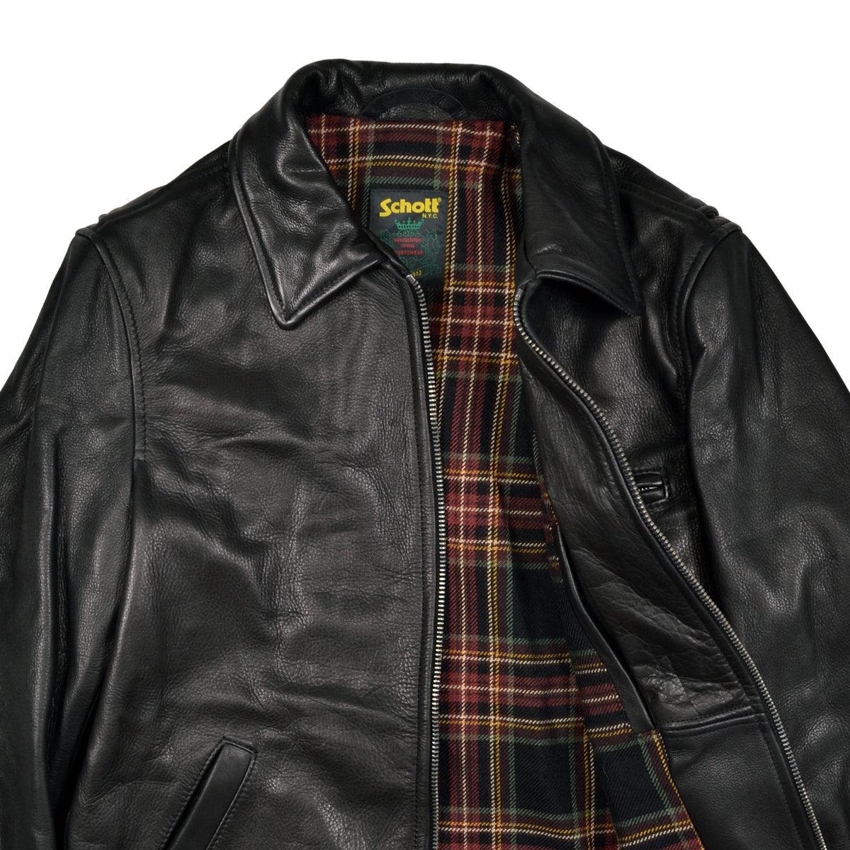 Black leather jacket with plaid lining and Schott logo on a white background