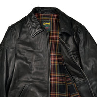 Black leather jacket with plaid lining and Schott logo on a white background