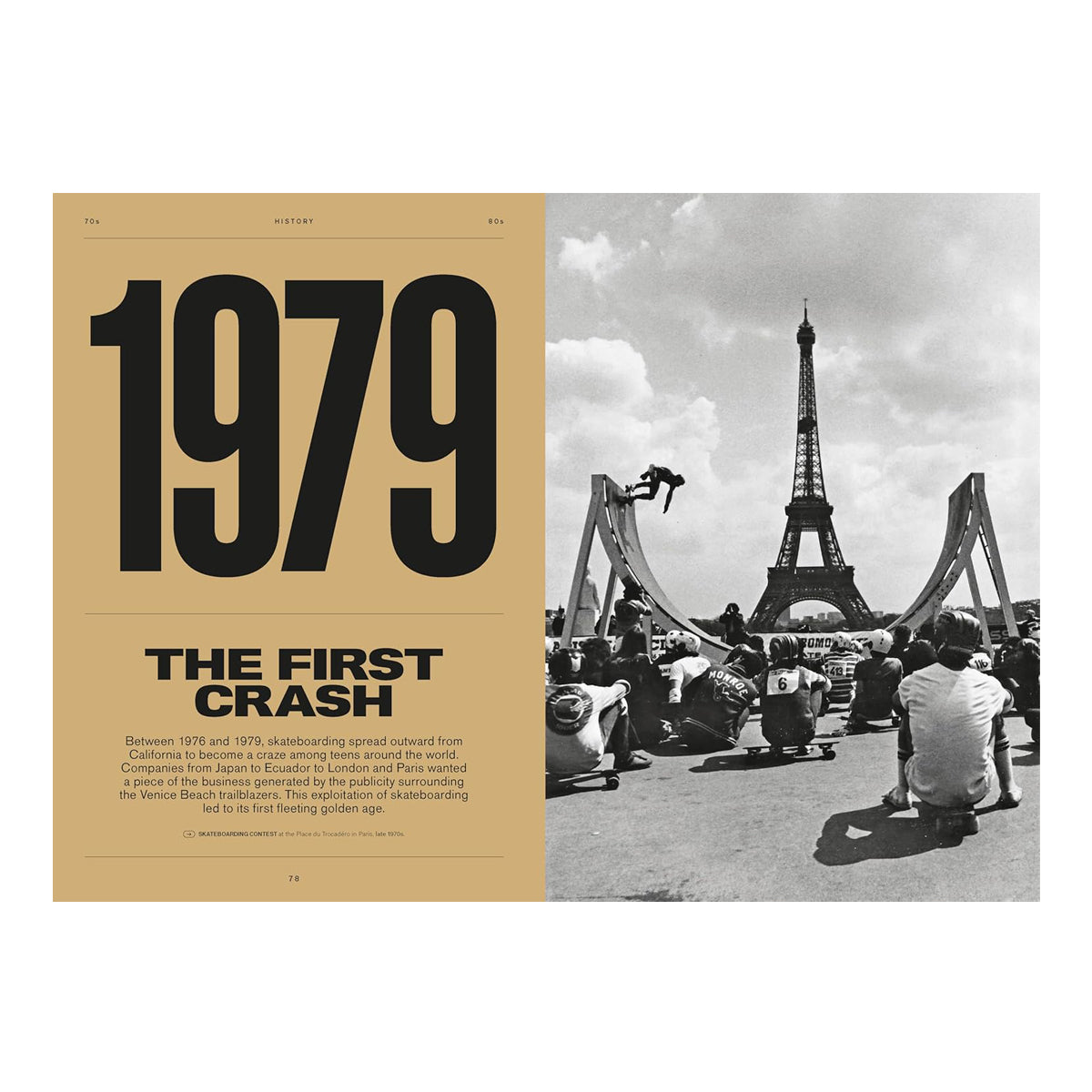 Page from a book or magazine showing '1979 The First Crash' with a black and white photo of people near the Eiffel Tower.