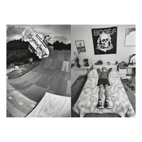 Skateboard on a ramp with a scenic background and a person lying on a bed in a room with a 'Bones' poster.