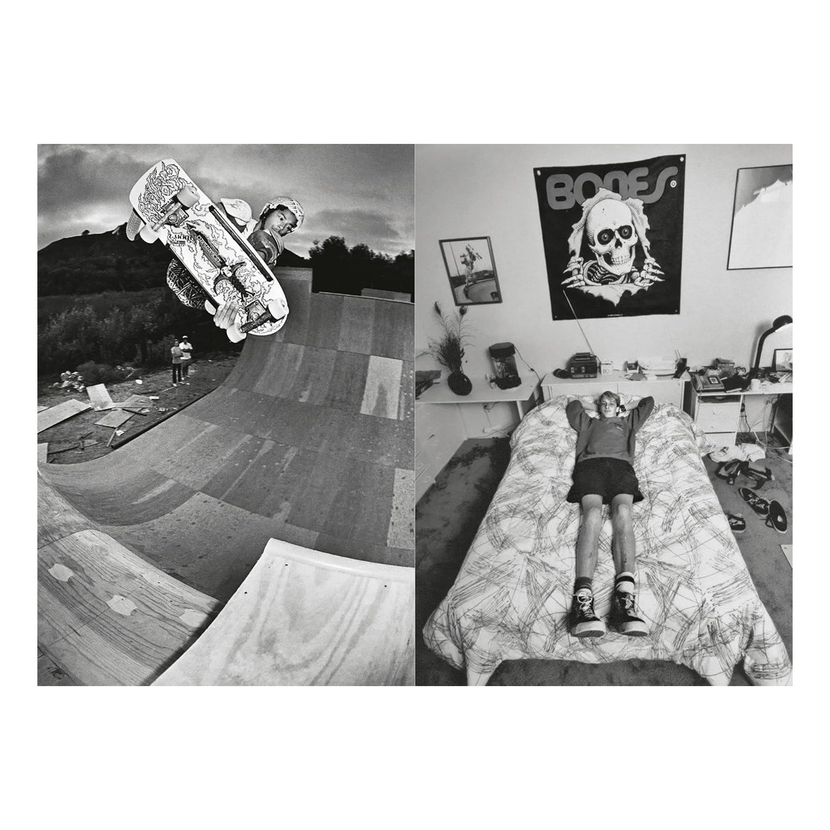 Skateboard on a ramp with a scenic background and a person lying on a bed in a room with a 'Bones' poster.