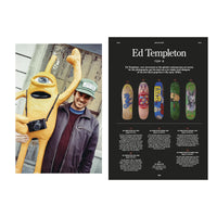 Person with a large yellow creature and a magazine page featuring Ed Templeton's artwork.