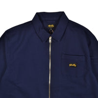 Navy blue jacket with a zipper and brand logo on a white background