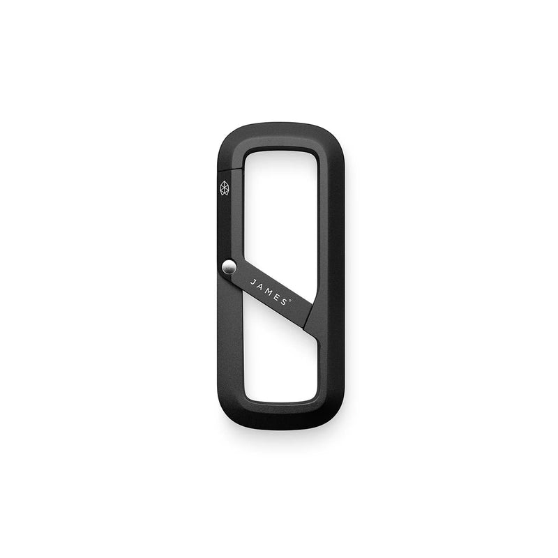 Black carabiner with 'JAMES' branding on a white background
