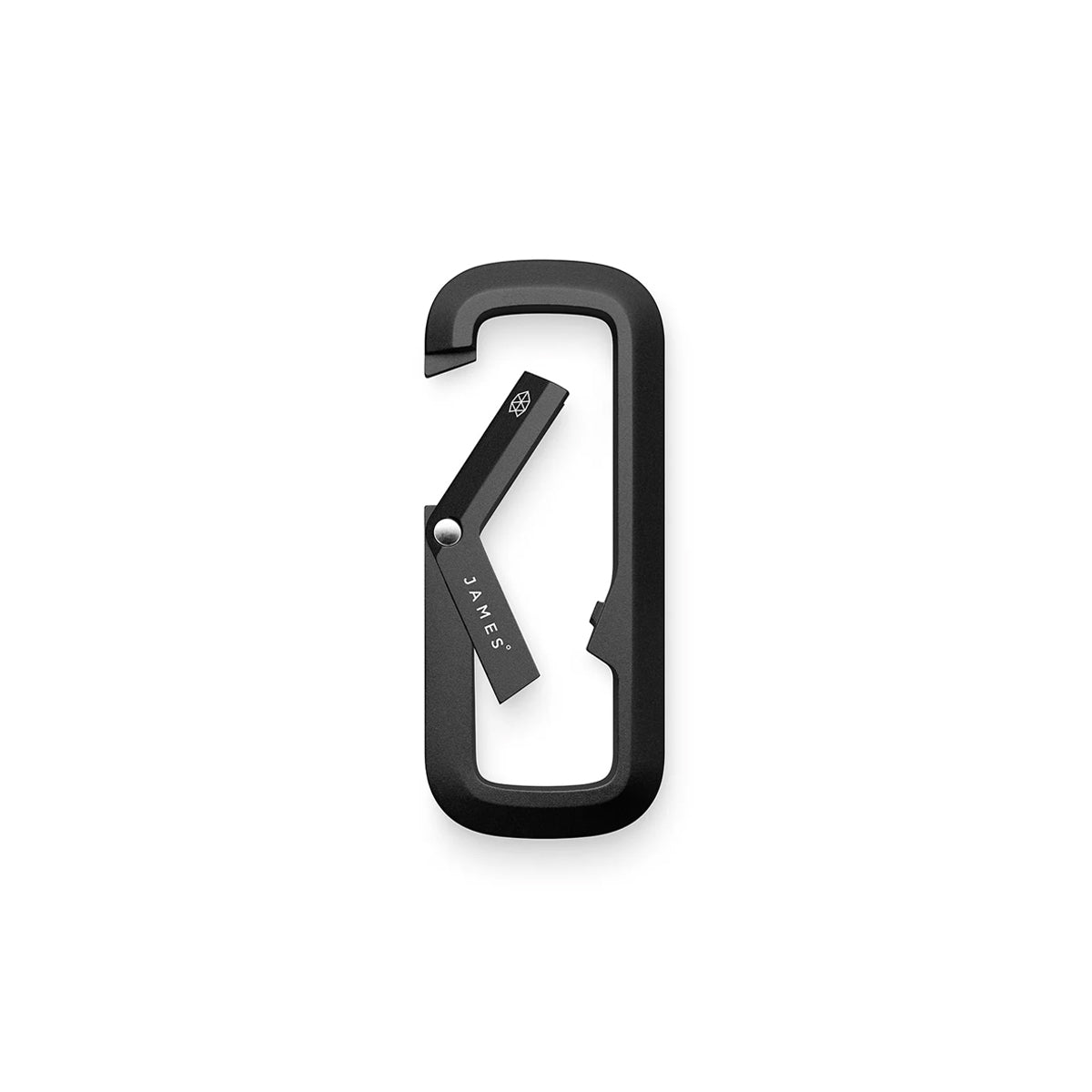Black carabiner with a clip on a white background