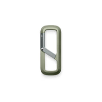 Green carabiner with a white background