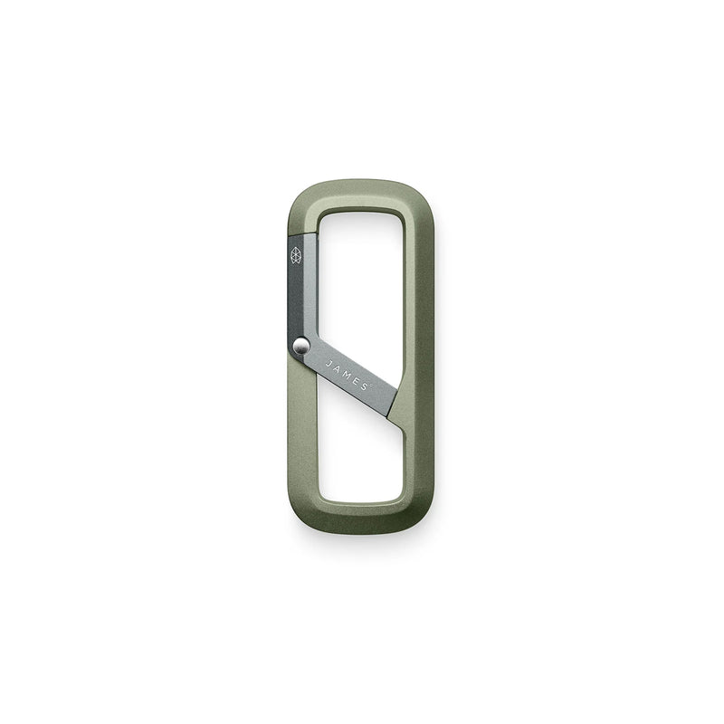 Green carabiner with a white background