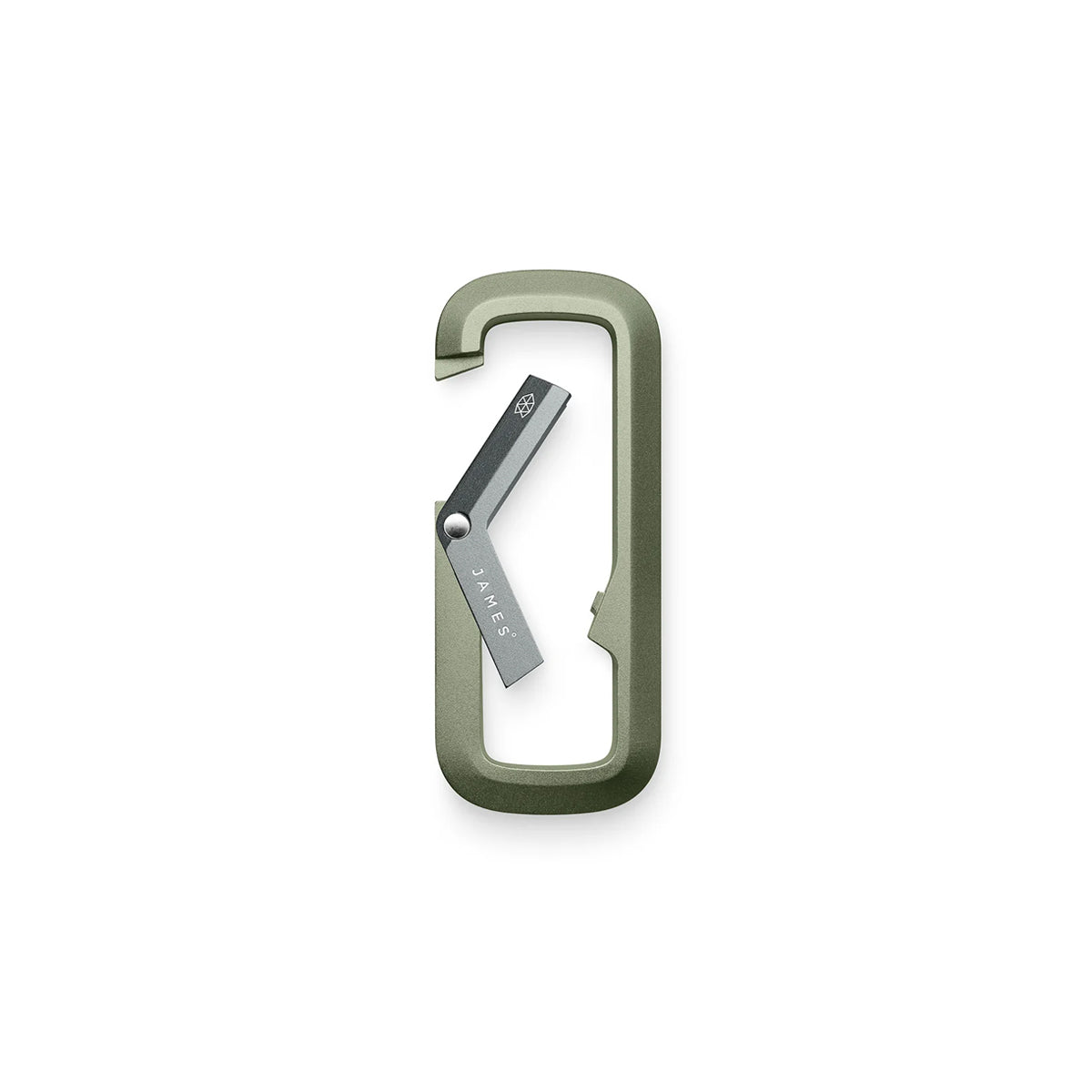 Green carabiner with a silver clip on a white background