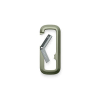 Green carabiner with a silver clip on a white background