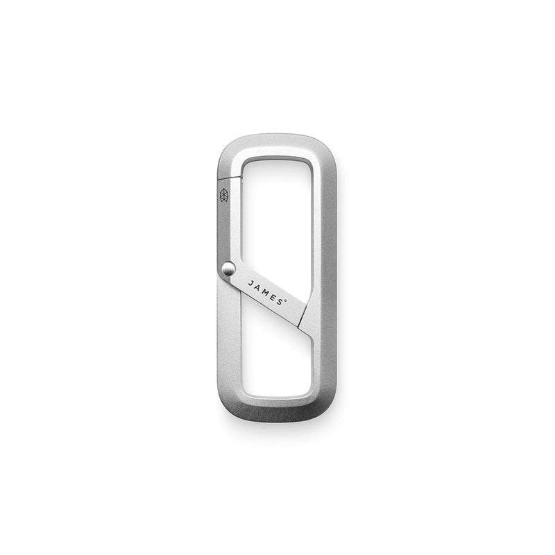 Silver carabiner with 'JAMES' branding on a white background