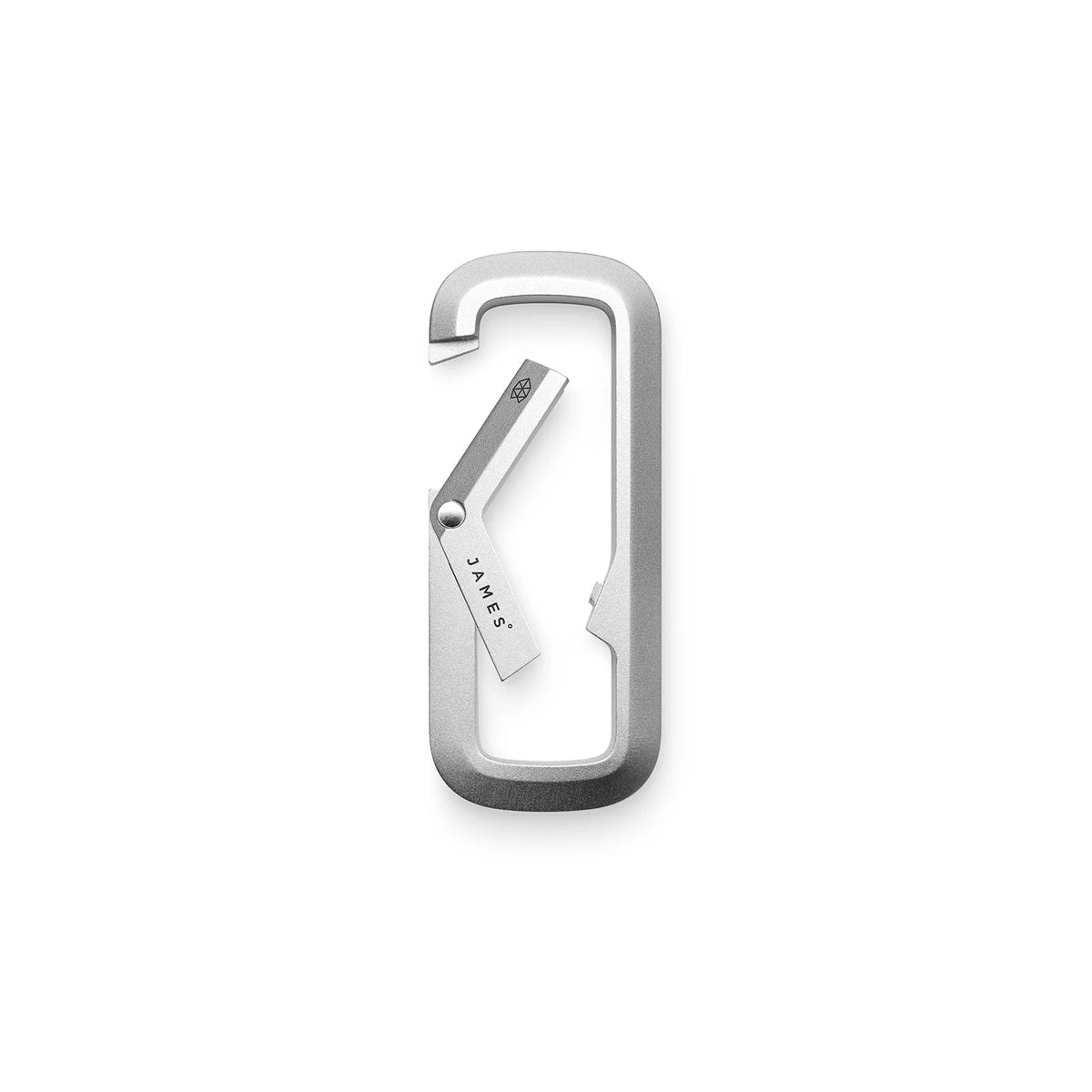 Silver carabiner with a small tool attached on a white background