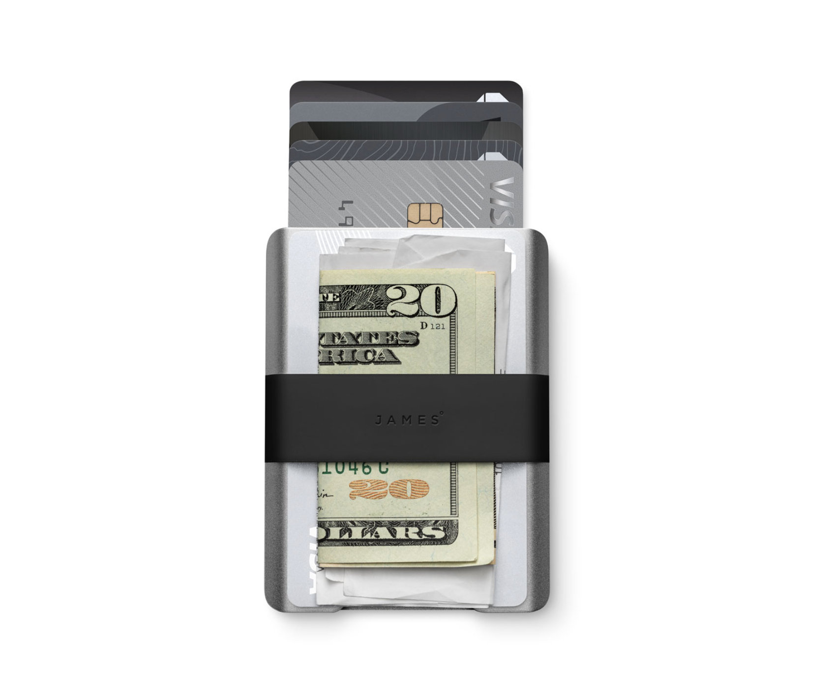 Silver wallet with black money clip on a gray background
