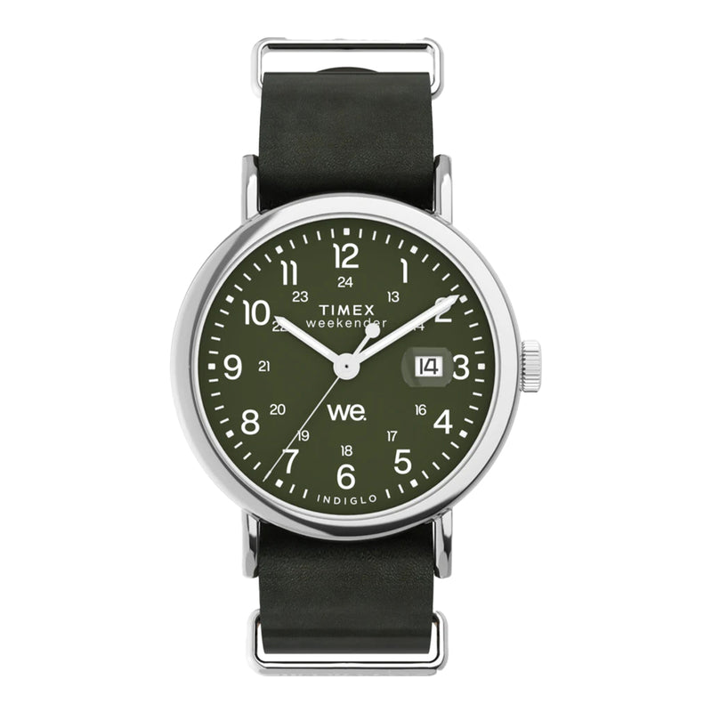 TIMEX WEEKENDER 40MM LEATHER STRAP - OLIVE / SILVER / BLACK