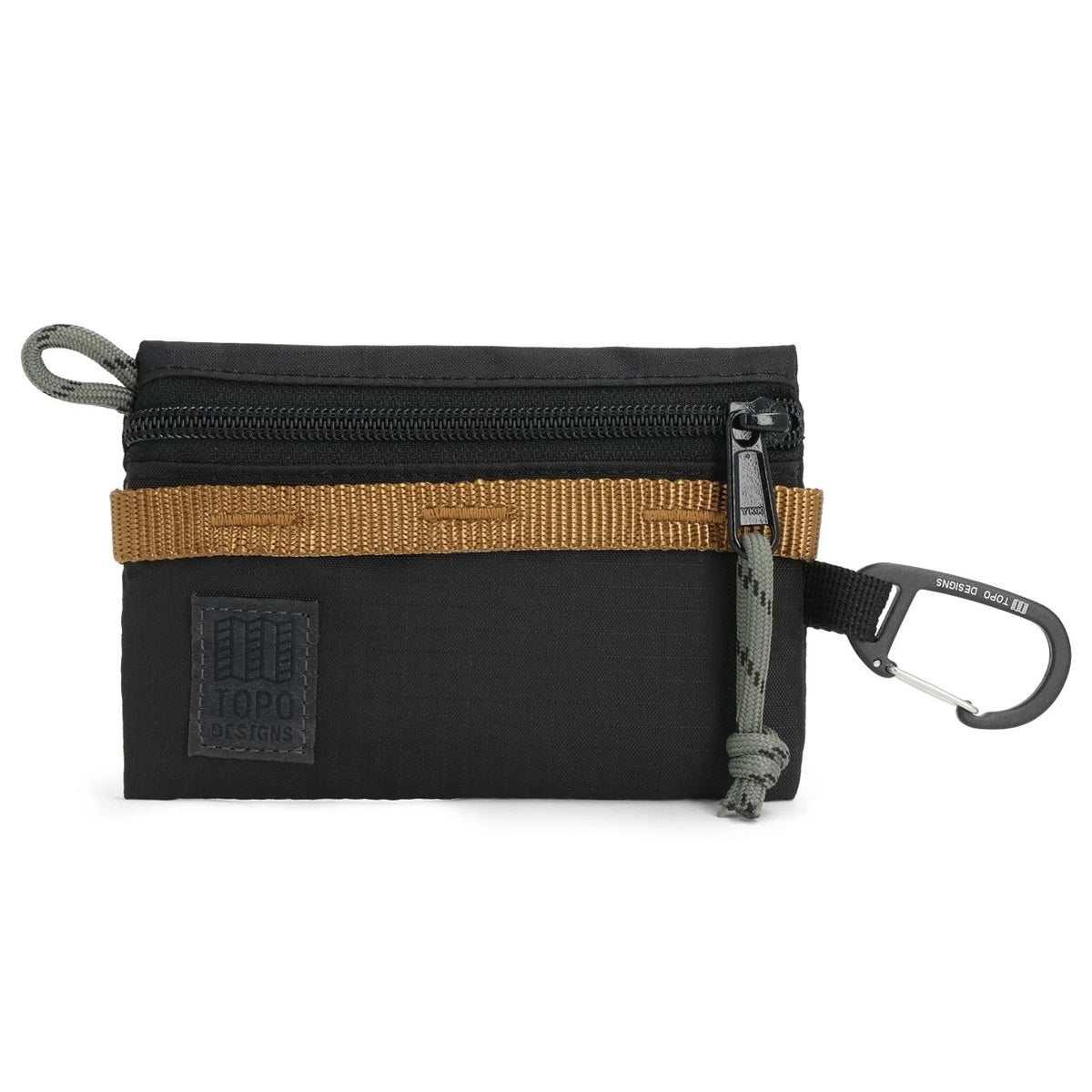 Black pouch with brown strap and carabiner on a white background