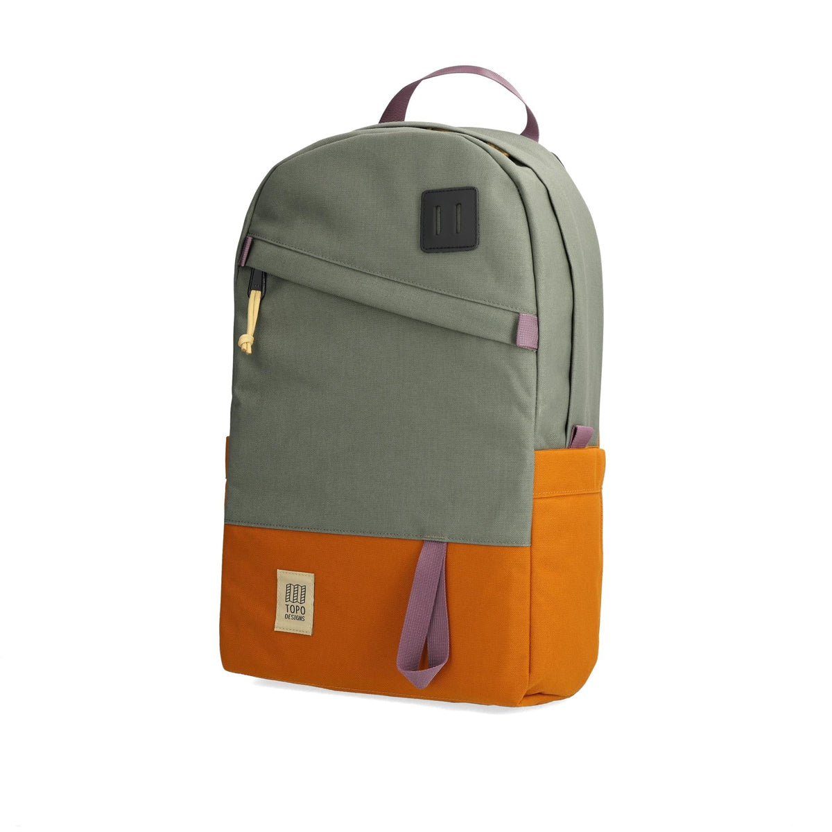 Two-tone green and orange backpack on a white background