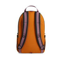 Orange backpack with purple straps on a white background