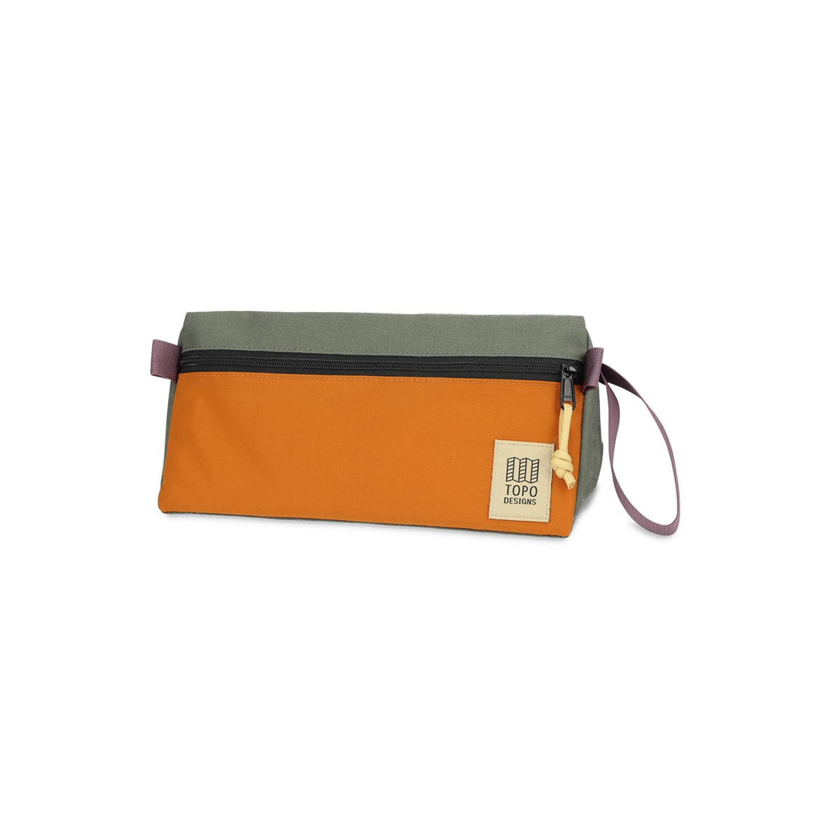Two-toned green and orange bag with a visible brand label on a white background