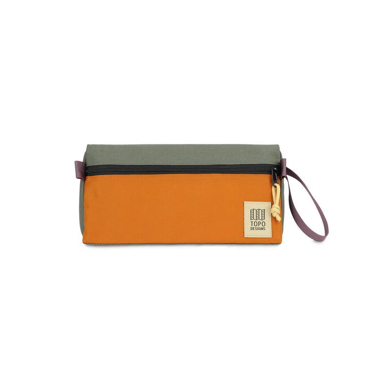 Two-toned pouch with green top and orange bottom on a white background