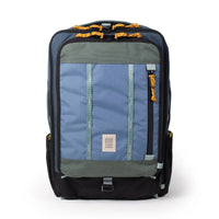 Backpack with blue and gray compartments on a white background