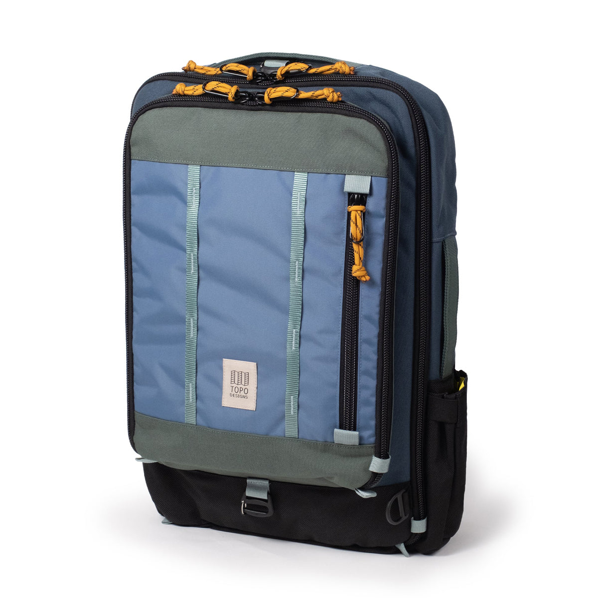 Blue and gray backpack with visible brand logo on a white background