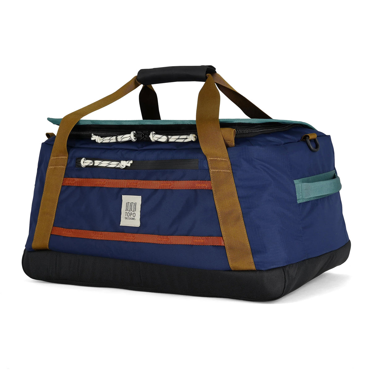 Blue duffel bag with brown straps on a white background