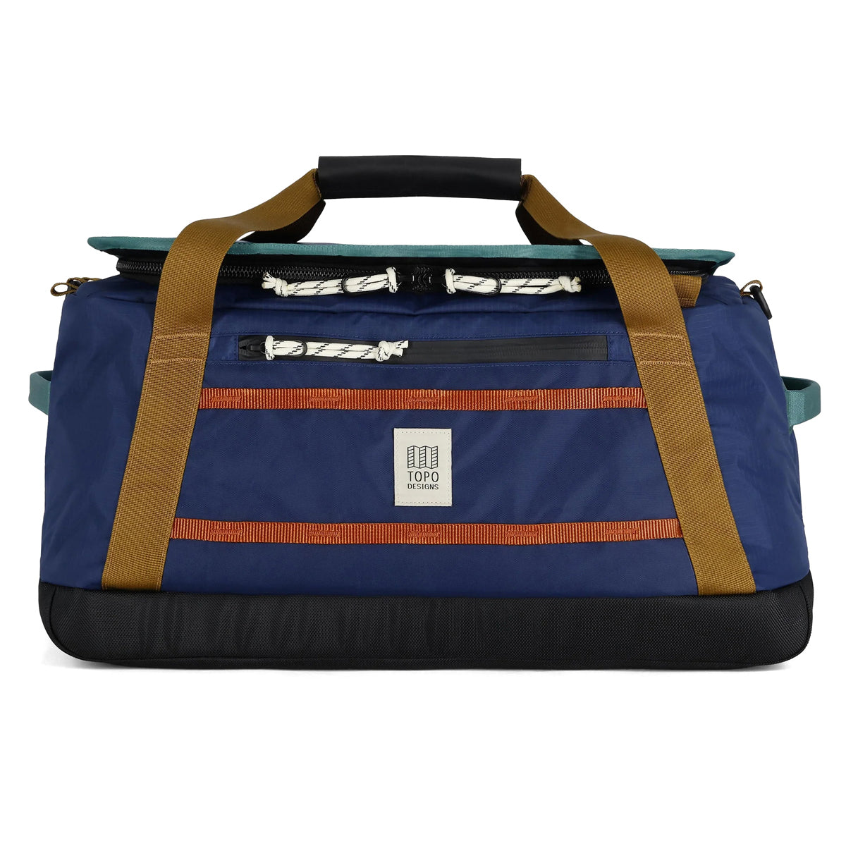 Blue duffel bag with brown straps and a Topo Designs logo on a white background