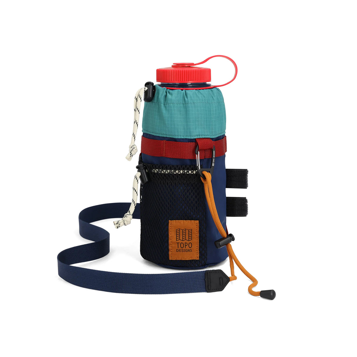Multicolored water bottle holder with a red lid on a white background