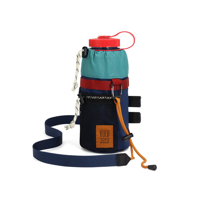 Multicolored water bottle holder with a red lid on a white background
