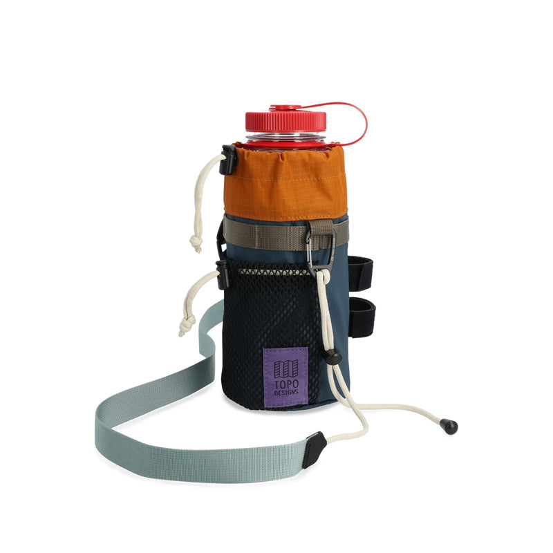 Multicolored water bottle holder with a red cap on a white background