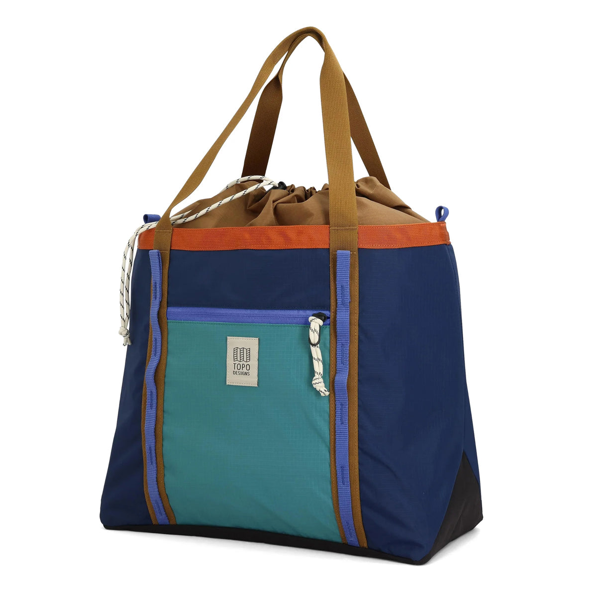 Multicolored tote bag with a visible brand logo on a white background