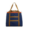 Blue tote bag with brown straps on a white background