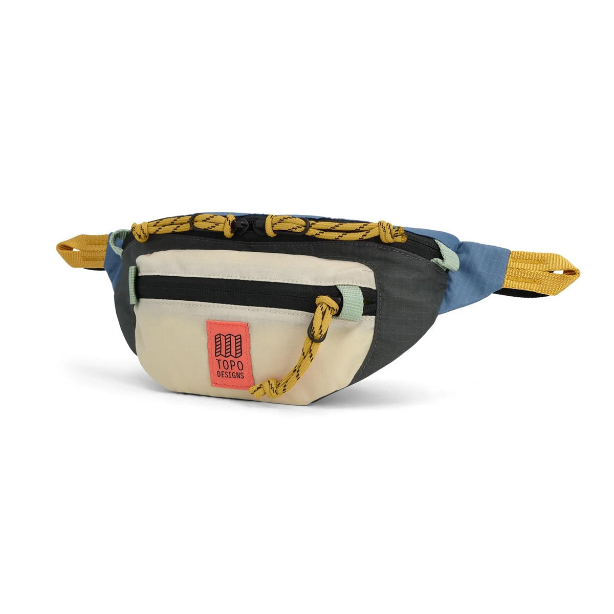 Multicolored waist pack with 'Topo Designs' logo on a white background