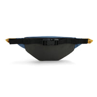 Black and blue waist bag on a white background
