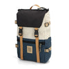 Multicolored backpack with visible brand logo on a white background